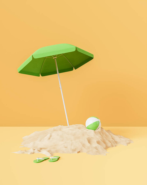 3D rendering of bright green umbrella with inflatable ball on heap of sand near flip flops against yellow background - Foto, immagini