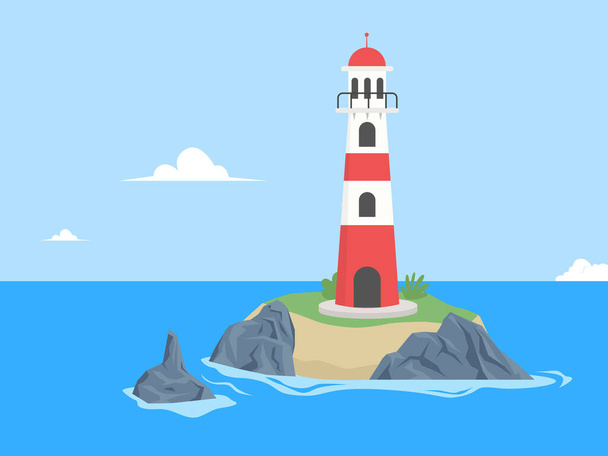 Light house on rocks at day. light tower - Vector, afbeelding