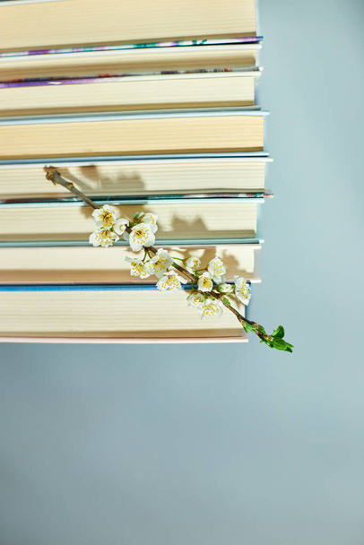 Bücherstapel mit Zweigblumen, Welttag des Buches, Wissens- und Kreativkonzept, Frühling, Sommerstimmung, Kopierraum, Draufsicht. - Foto, Bild