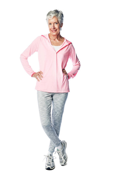 Isolated senior woman, portrait and workout in retirement with smile, wellness or happy by transparent png background. Elderly lady, training or fitness for body cardio health with face for self care. - Valokuva, kuva