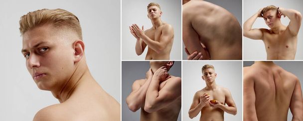 Collage mit Bildern von blondem Modelmodel, männlichem Körper, der hemdlos isoliert vor grauem Studiohintergrund posiert. Konzept der Männergesundheit, Schönheit, Mode, Körper- und Hautpflege, Fitness, Männlichkeit, Werbung - Foto, Bild
