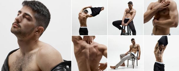 Collage with attractive, muscular, handsome topless male model posing at camera over white studio background. Naked torso, power, masculinity, strength. Concept of mens health, beauty of male body - Photo, Image