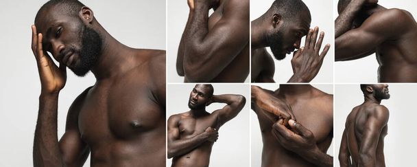 Κολάζ με εικόνες όμορφου αφρικανού άνδρα, μοντέλο μόδας με μυώδες σώμα που ποζάρει χωρίς πουκάμισο πάνω από λευκό φόντο στούντιο. Γυμνός κορμός. Έννοια της ανδρικής υγείας, ομορφιάς, περιποίησης σώματος και δέρματος, φυσικής κατάστασης - Φωτογραφία, εικόνα