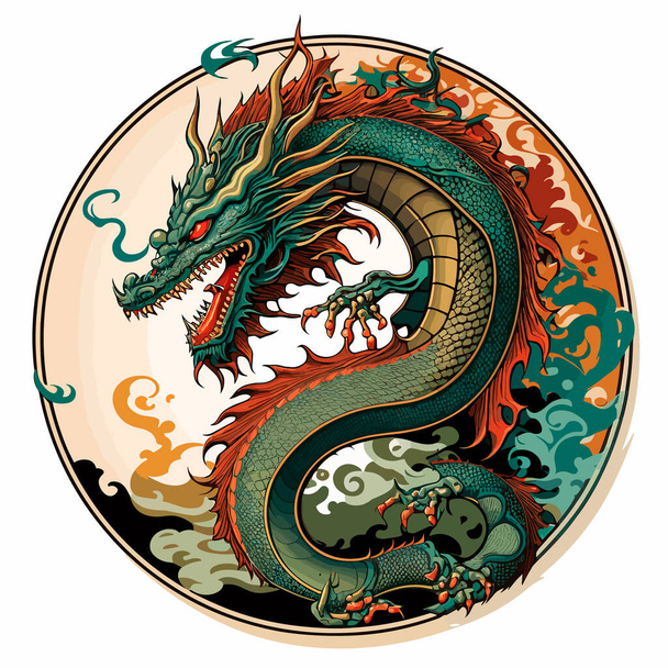 Ужасный дракон корчится в круглой эмблеме. Восточное мифологическое существо. изолированный фон, художественная иллюстрация, этикетка, наклейка, печать футболок - Вектор,изображение