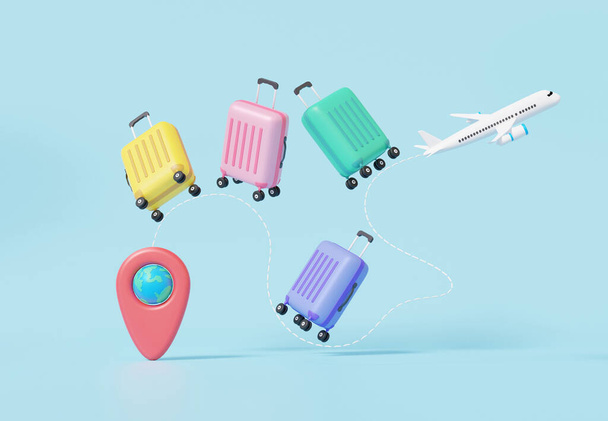 Minimal cartoon βαλίτσα τουρισμού πλωτή αεροπλάνο κόκκινο pin χάρτη πλοήγησης θέση. ταξίδια αναψυχής τουριστικών διακοπών έννοια του καλοκαιριού. σε γαλάζιο φόντο. 3d καθιστούν απεικόνιση - Φωτογραφία, εικόνα