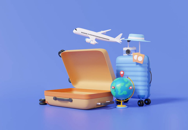 Відкрита валіза літака подорожі туристичний літак планування подорожі світовий тур багаж з місцем розташування Земної кулі, дозвілля гастролі концепція літа. Мультфільм мінімальна 3d ілюстрація рендеринга
 - Фото, зображення