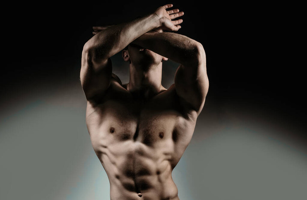 Sexy male model body, nude torso. Sexy naked man, seductive gay. Muscular shirtless man, attractive guy - 写真・画像