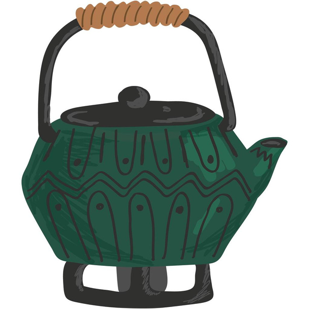 Tea kettle with gas burner vector illustration. Cooking teapot icon. Utensil for tea ceremony isolated on white background - Vektor, Bild