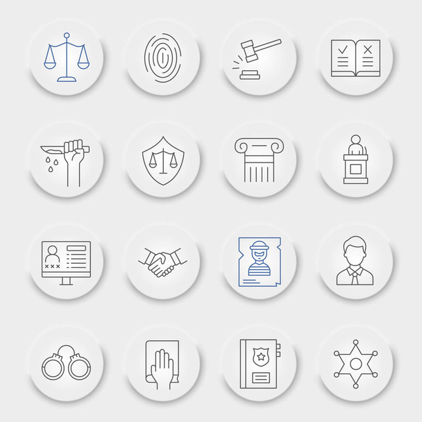 Ensemble d'icônes de ligne de loi, collection de symboles de justice, croquis vectoriels, boutons UX neumorphiques de l'interface utilisateur, panneau de jurisprudence pictogrammes linéaires isolés sur fond blanc, eps 10. - Vecteur, image
