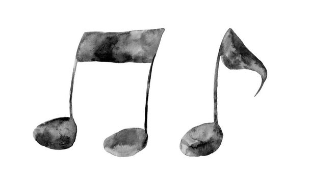 Aquarell illustrierte Sammlung von Musiksymbolen: Noten. Handgezeichnete schwarze Aquarellmalerei auf weißem Hintergrund, ausgeschnittene Clip-Art-Elemente für kreative Dekoration. - Foto, Bild