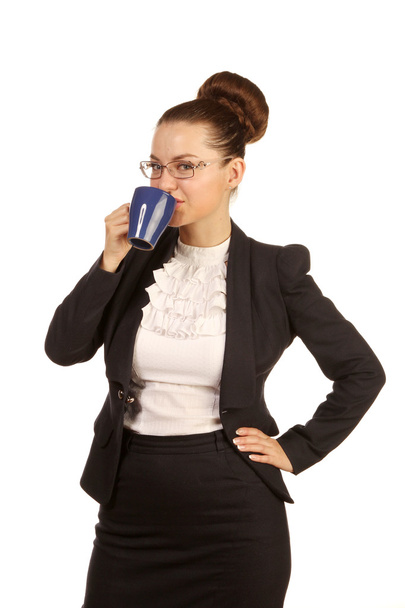 Portrait of pretty woman drinking with blue teapot - Foto, Imagem