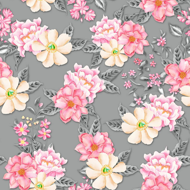 Watercolor flowers pattern, pink and yellow tropical elements, gray leaves, gray background, seamless - Zdjęcie, obraz