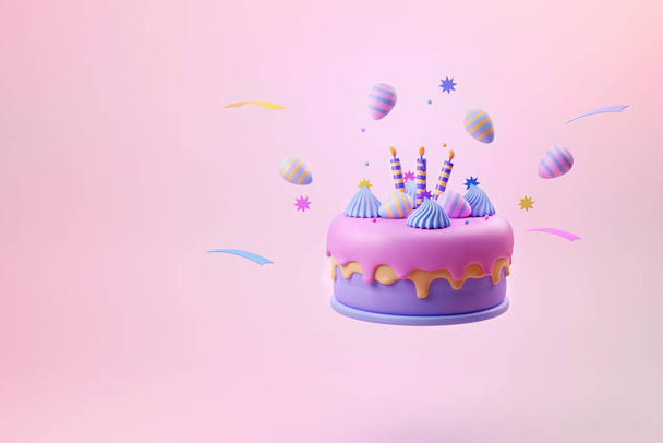 Летящий торт день рождения и годовщина с милым яйцом для пасхального дня 3d иллюстрации - Фото, изображение