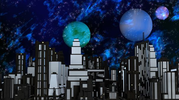 Ville futuriste nocturne avec trois planètes et étoiles
 - Photo, image