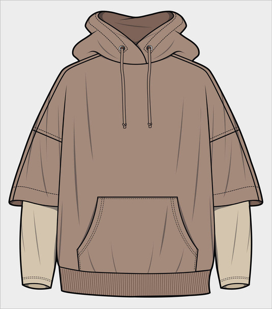 hooded sweat top with layered sleeves detail for women and teen girls in editable vector file - Vektör, Görsel