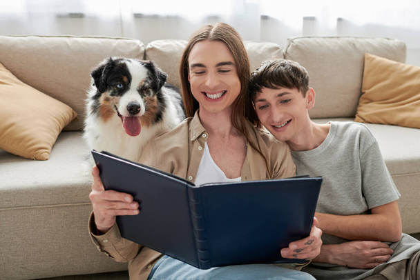 Overjoyed casal lgbt olhando para álbum de fotos enquanto sentado perto de cão pastor australiano e sofá confortável na sala de estar moderna em casa  - Foto, Imagem