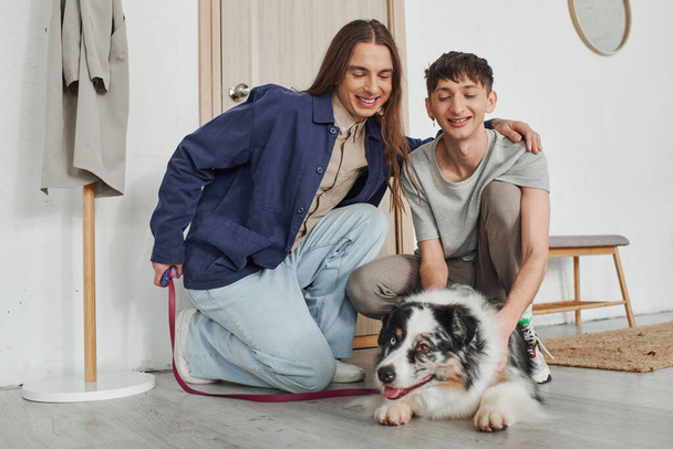 vrolijk lgbt paar in casual outfits glimlachen terwijl knielen samen naast schattige Australische herder hond in de buurt van deur en kapstok in gang van modern appartement  - Foto, afbeelding