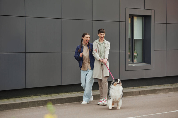 cheerful gay man in casual outfit holding leash of Australian shepherd dog while walking out together with excited boyfriend with pigtails near modern grey building - Фото, изображение