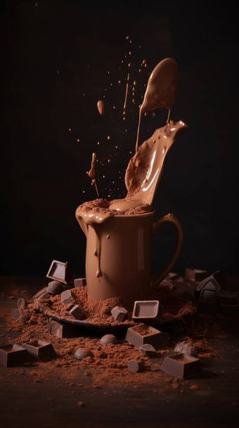 Broken chocolate and hot chocolate spray - Foto, Bild
