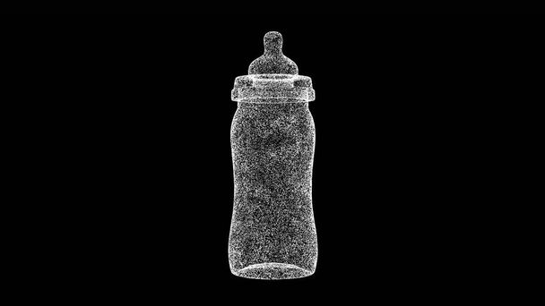 3D kojenecká láhev na černém pozadí. Objekt vyrobený z třpytivých částic. Koncept péče o dítě. Pro název, text, prezentaci. 3D animace - Fotografie, Obrázek