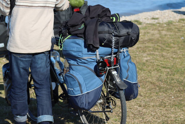 bicycle equipped for solo adventure with cyclist. - Photo, Image