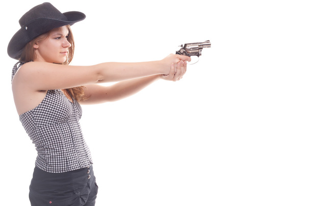 Portrait de deux jeunes filles avec un pistolet
 - Photo, image