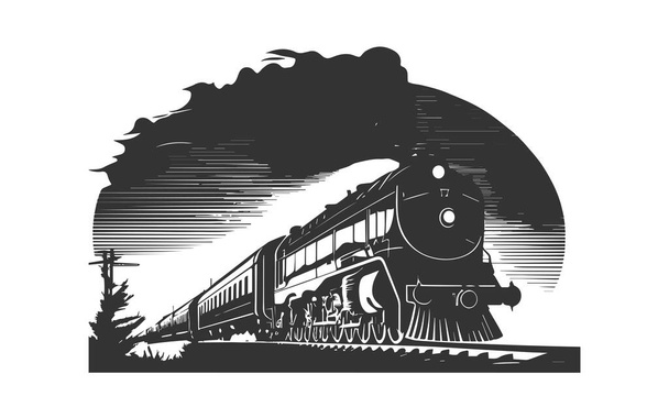 Locomotive qui se déplace avec les voitures. Illustration vectorielle. - Vecteur, image