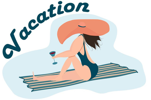 Girl in a hat and swimsuit on the beach with a glass of wine enjoys summer vacation - Вектор,изображение