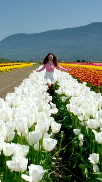 Genç, güzel bir kız lale tarlasında koşar kar beyazı çiçekler bacakları dokunur beyaz tenis eteği saç çıkarır arka plan dağlarına karşı özgürlük bakirelik reklamı - Video, Çekim