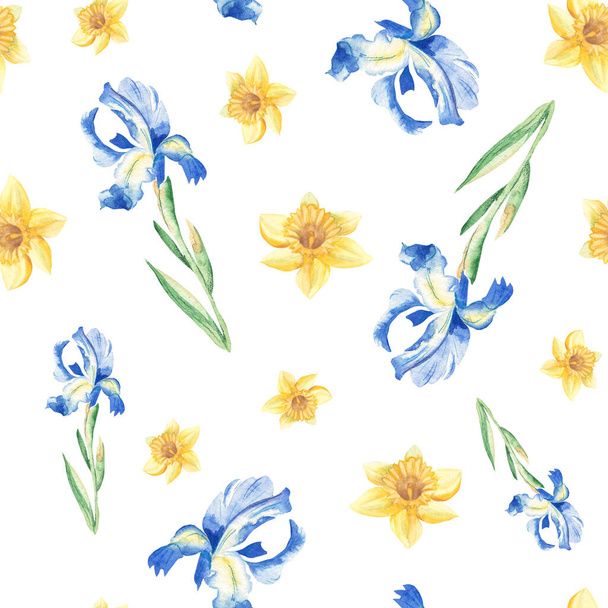 Naadloos aquarelpatroon met narcissen en iris op witte achtergrond. Kan gebruikt worden voor stoffen prints, cadeaupapier, keukentextiel - Foto, afbeelding