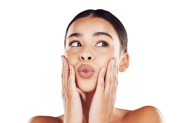 Skincare, pout and face of woman with beauty on isolated, png and transparent background. Dermatology, facial wellness and happy female person with natural cosmetics, makeup and emoji kiss reaction. - Photo, image