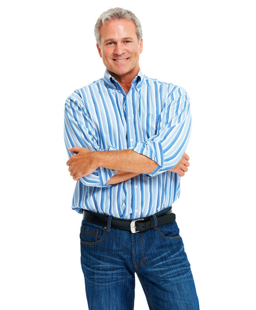 Mature man, casual business and portrait with arms crossed and confidence isolated on a transparent, png background. Happy person, entrepreneur and male model with success and happiness smile. - Zdjęcie, obraz