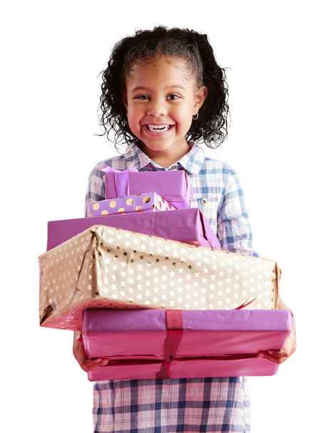 Happy, excited and portrait of child with gift on isolated, png and transparent background. Happiness, surprise and young girl smile carrying boxes for birthday present, party and event celebration. - Фото, зображення