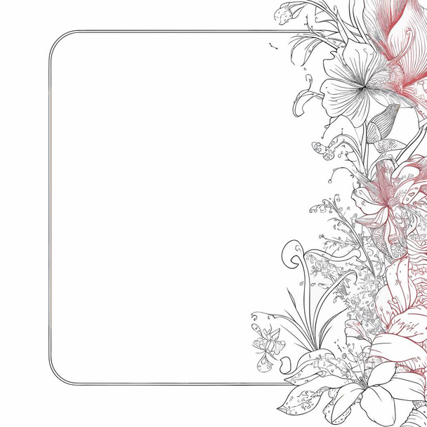 Square frame of flowers, minimalistic style made from botanic elements. Vector illustration. Black and white - Vector, Image