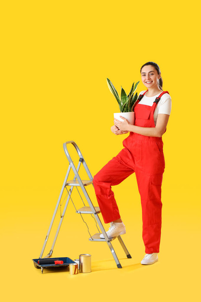 Young woman with houseplant, ladder and paint cans on yellow background - Foto, Bild