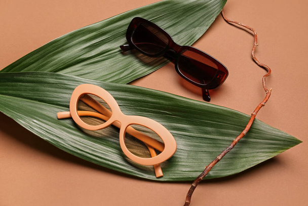 Stylish sunglasses with palm leaves and tree branch on brown background - Foto, imagen