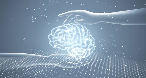 AI technologie koncept transparentní ruka drží mozek a vlna tečka čára futuristický styl elegantní modrý šedý tón - Fotografie, Obrázek