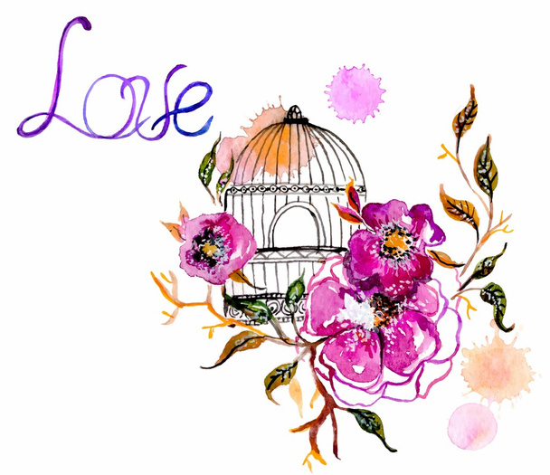 Watercolor flowers with cage - Vector, afbeelding