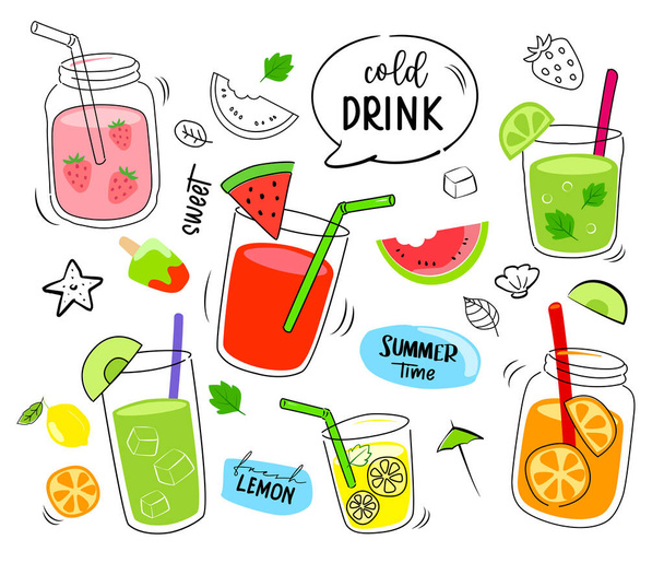 Tropische drankjes zomer vast menu. Koude drankjes met handgetekende illustratie. Vruchtensmoothie, cocktails, alcoholische dranken. - Vector, afbeelding