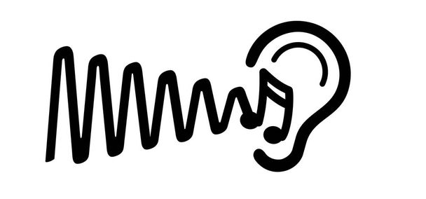 Tinnitus. Sonando en los oídos. Oído humano con ícono de tinnitus. Patrón de línea vectorial. Sonido insoportable en los oídos. Concepto de enfermedades de los órganos auditivos o problemas de neurología. Audiograma y onda de audio. - Vector, imagen