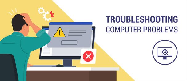 Man sitting at desk and using a computer, he receives an error message notification on a dialog box window - Vector, Image