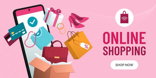 Online shopping app on smartphone and shopping items promotion banner with copy space - Vetor, Imagem