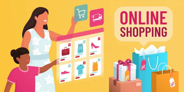 Mother and daughter doing online shopping and ordering clothes on a virtual interface, banner with copy space - Vector, imagen