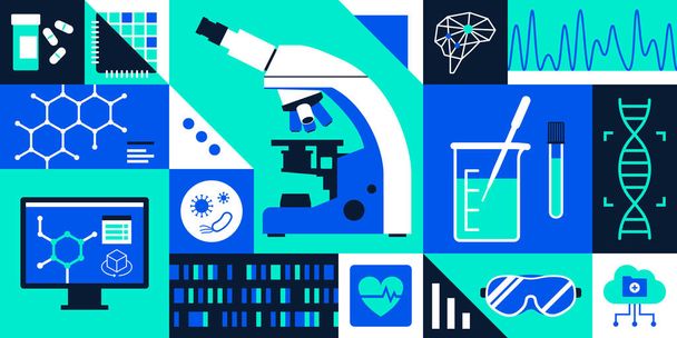 Healthcare, medical research, technology and innovation background with icons - ベクター画像