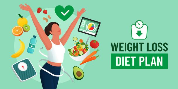 Happy healthy woman following a diet plan and losing weight, banner with copy space - Vetor, Imagem