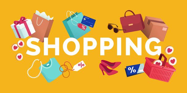 Word shopping surrounded by products, credit card and coupons, online shopping and e-commerce concept - Vektor, kép