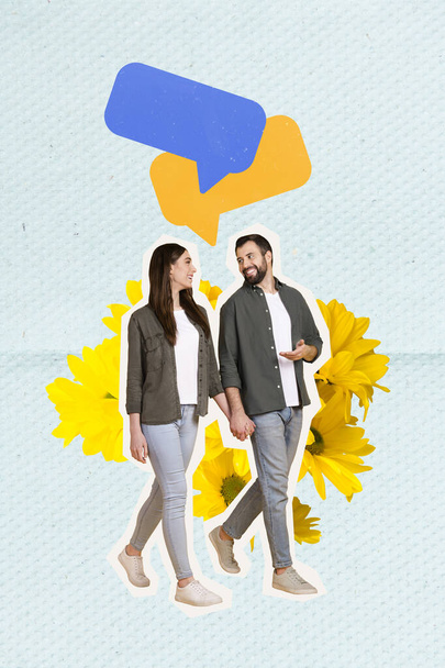 3d retro abstract creative artwork template collage of happy smiling couple talking empty space isolated painting background. - 写真・画像