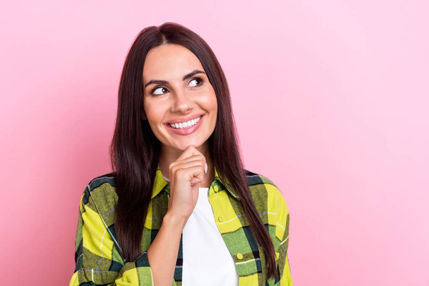 Portrait of minded positive person arm touch chin beaming smile look empty space isolated on pink color background. - Valokuva, kuva