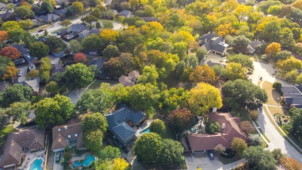 Cul-de-sac street in suburban residential neighborhood of beautiful fall foliage, lush greenery houses with swimming pool, fenced backyard in upscale area Dallas, Texas, USA. Aerial subdivision - Photo, image