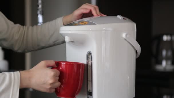 Woman pushing hot water button on electric thermo pot for drinking coffee - Footage, Video